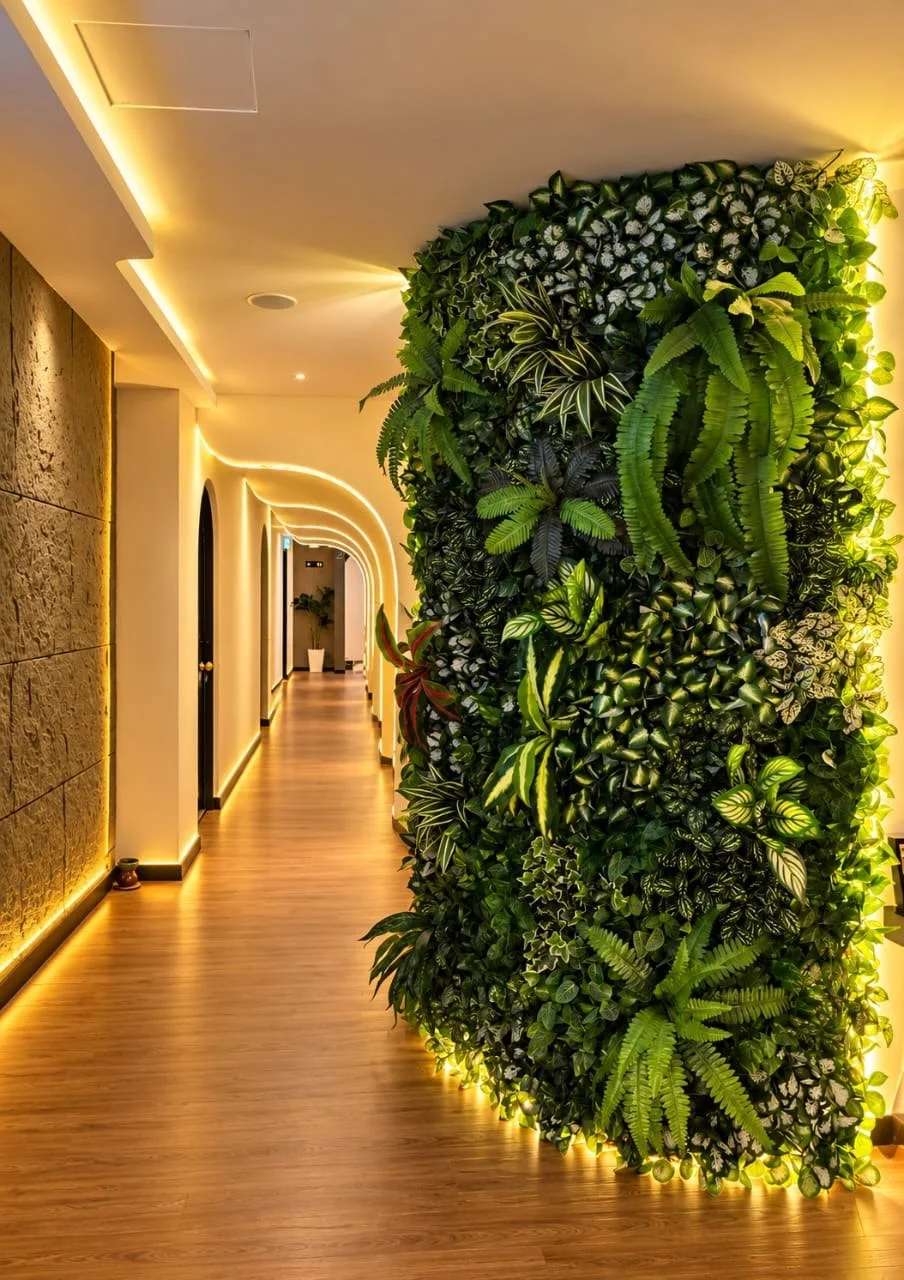 A green feature wall beside Bayu’s illuminated arched corridor